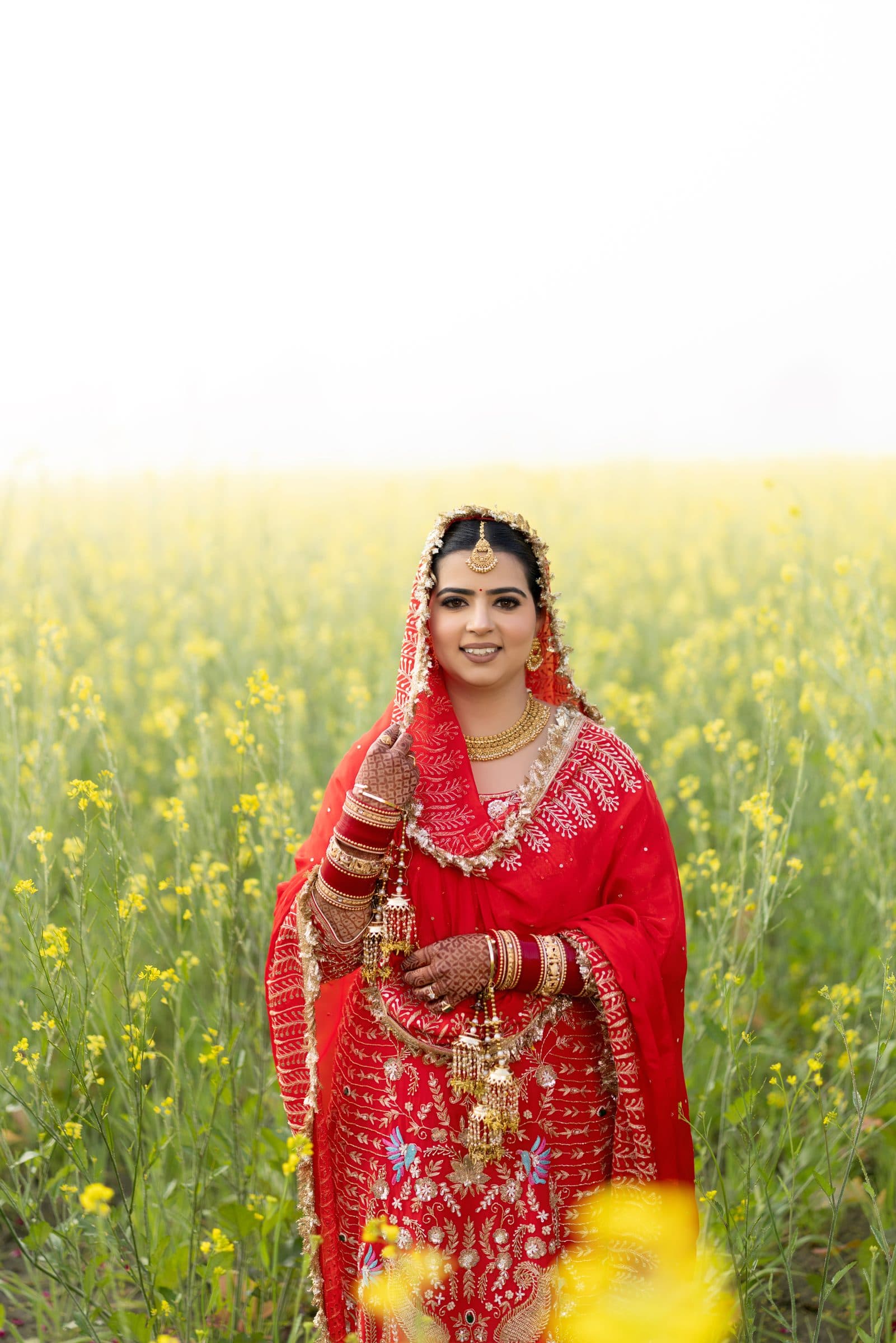 A bride standing in a golden mustard field